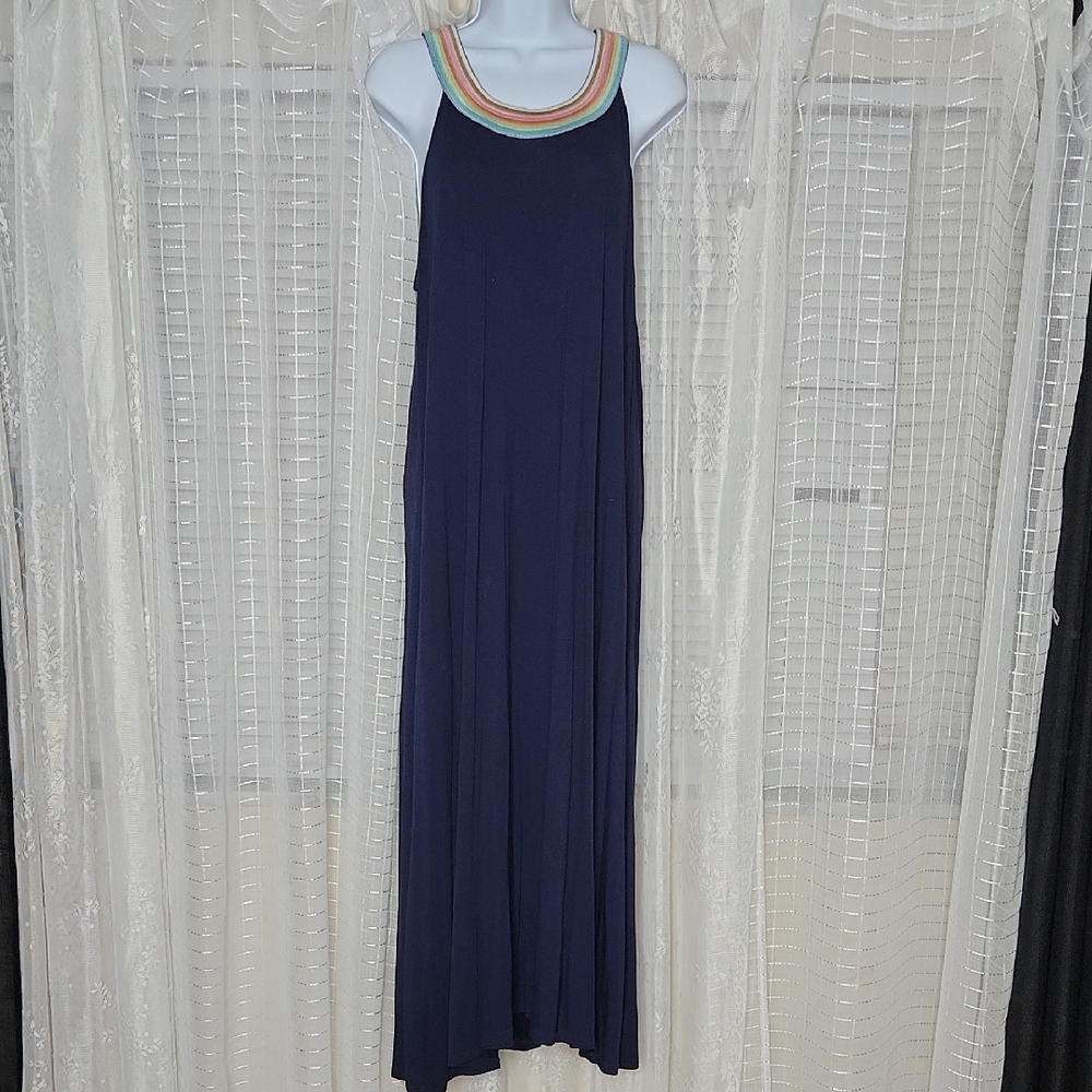 Boden Navy Sleeveless Jersey Knit Maxi Dress with Multicolor Scoop Neckline Sz12